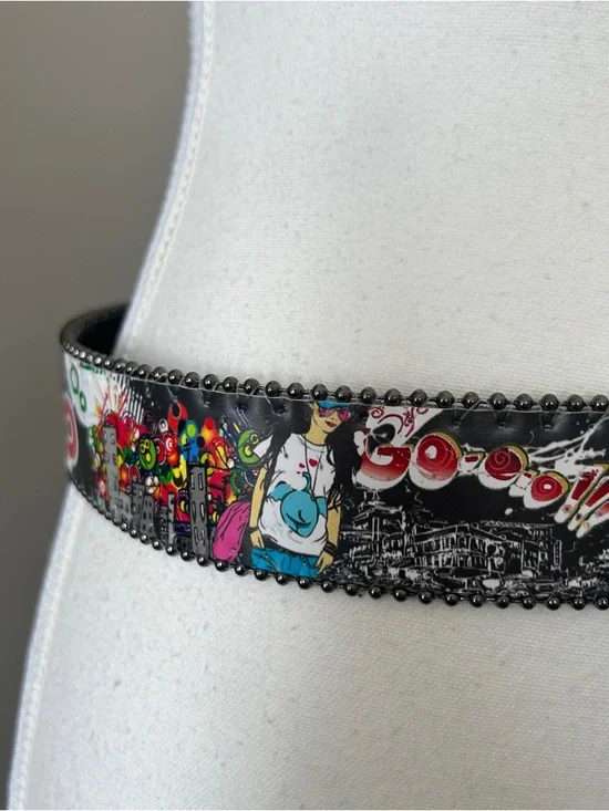 Y2K Style Black Abstract Print Rhinestone Belt - Picture 4 of 8